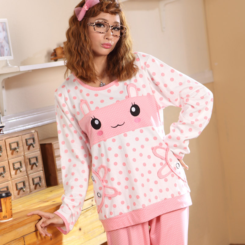 Multicolour autumn and winter cartoon rabbit female sleepwear women's long-sleeve knitted cotton lounge set