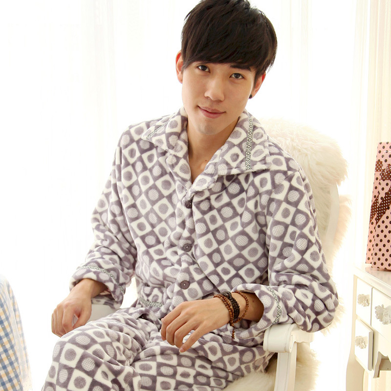 Multicolour autumn and winter male coral fleece sleepwear plaid quality thickening coral fleece male sleepwear lounge set