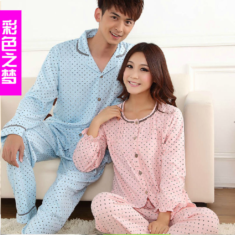 Multicolour autumn and winter male Women polka dot turn-down collar long-sleeve lovers sleepwear lounge set