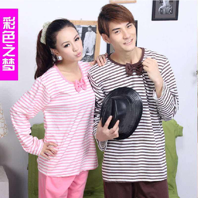 Multicolour autumn and winter men and women sleepwear stripe long-sleeve cotton lovers sleepwear lounge set