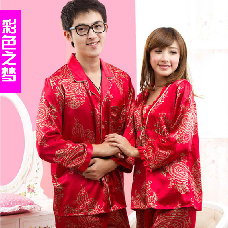 Multicolour autumn and winter red married sleepwear faux silk long-sleeve lovers sleepwear silk sleepwear lounge