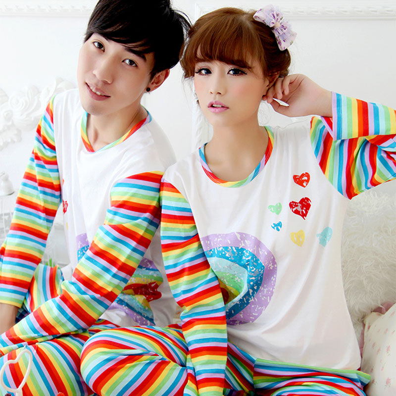 Multicolour autumn and winter sleepwear long-sleeve lovers sleepwear multicolour stripe heart cotton sleepwear lounge set