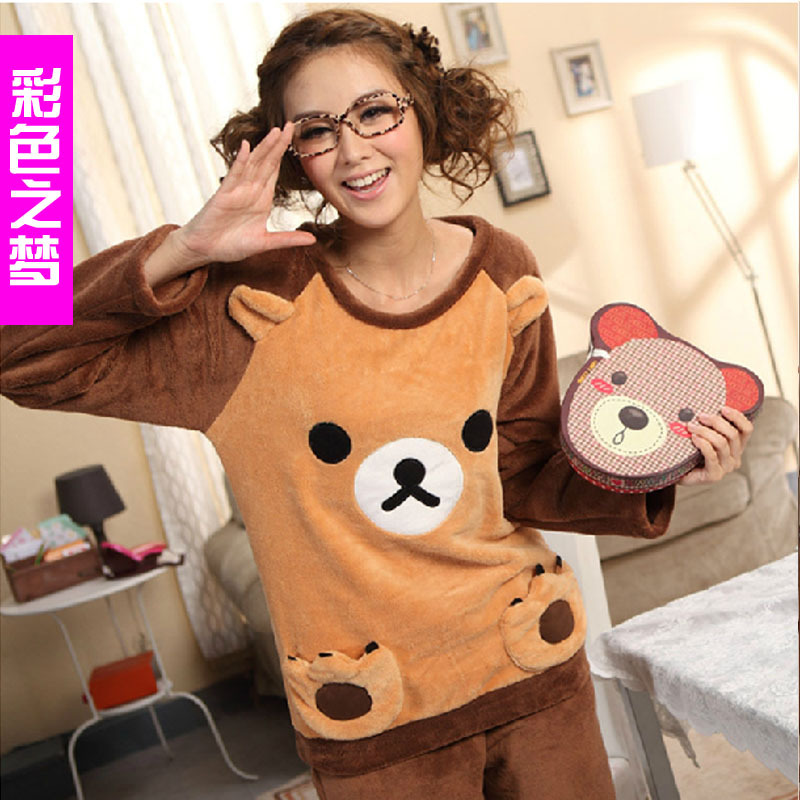 Multicolour autumn and winter women's brown easily bear animal coral fleece sleepwear female lounge set