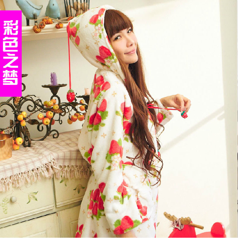 Multicolour autumn and winter women's strawberry long-sleeve lengthen edition coral fleece sleepwear female lounge set