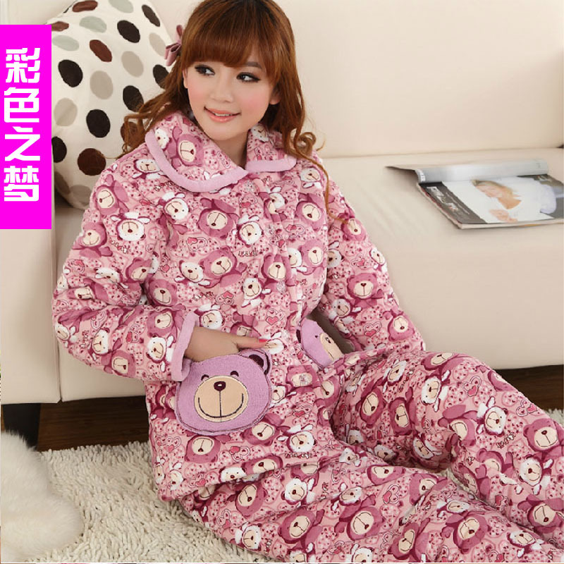 Multicolour autumn and winter women's thickening coral fleece cotton-padded sleepwear pocket cartoon female lounge set