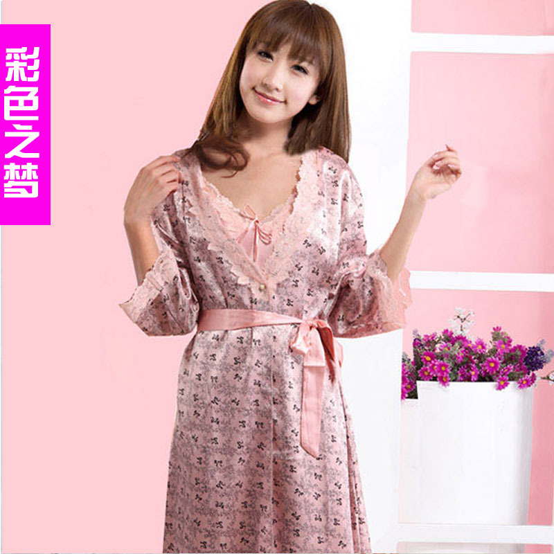 Multicolour autumn lace decoration faux silk spaghetti strap sexy sleepwear nightgown women's silk sleepwear lounge