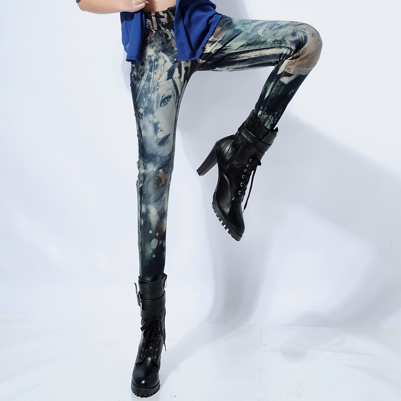 Multicolour skinny pants jeans personality print long pencil pants elastic female trousers