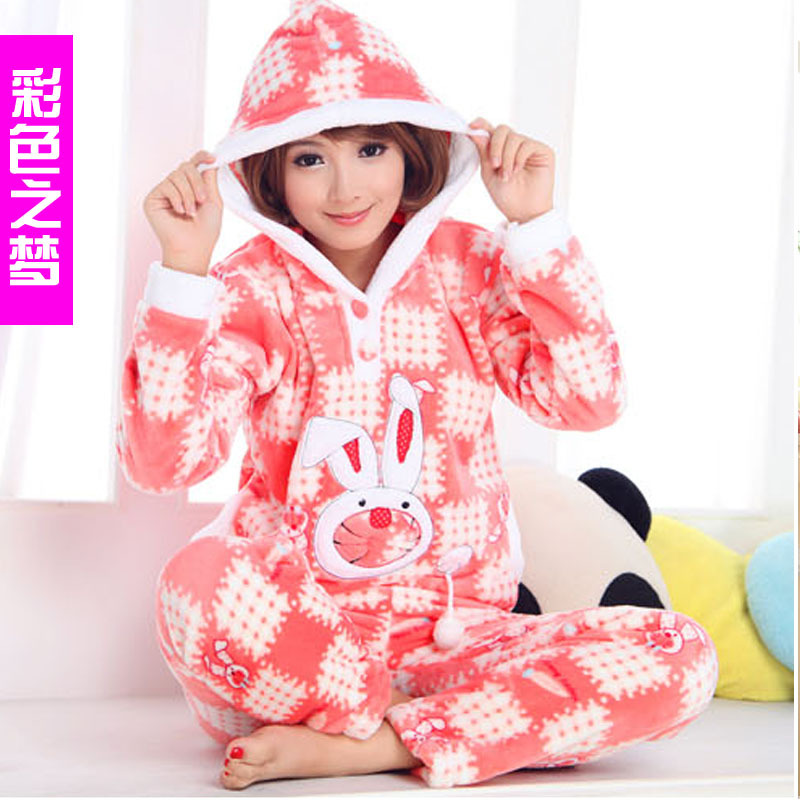 Multicolour winter thickening flannel cartoon rabbit coral fleece sleepwear female lounge set