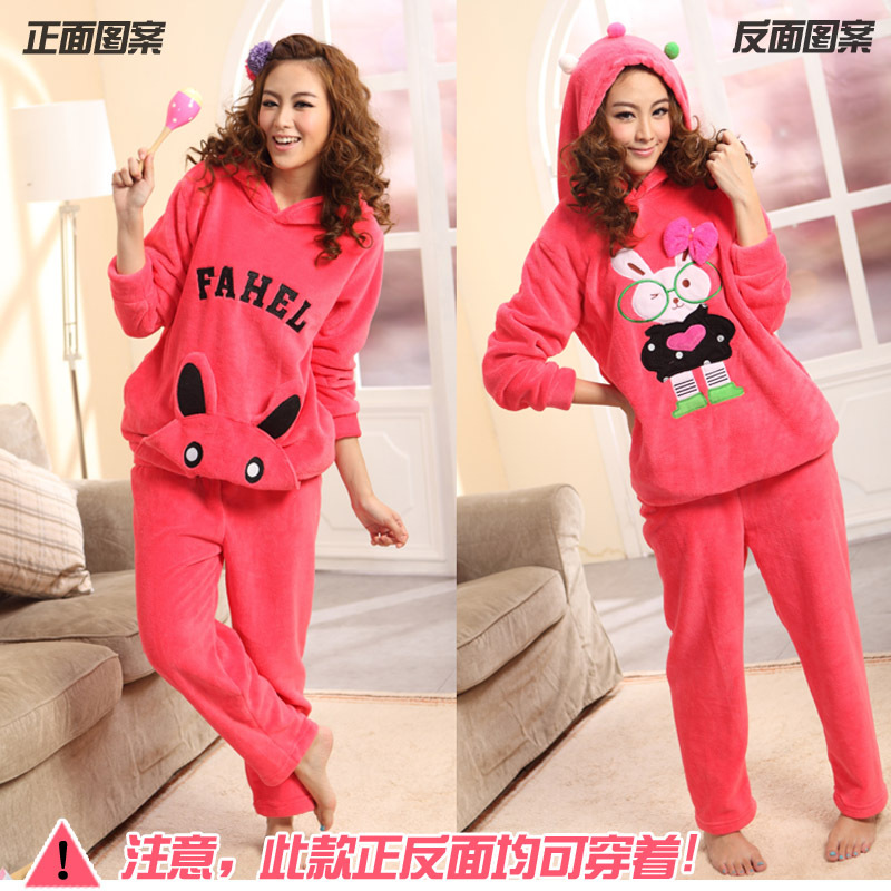 Multicolour winter women's glasses rabbit thickening female coral fleece sleepwear lounge