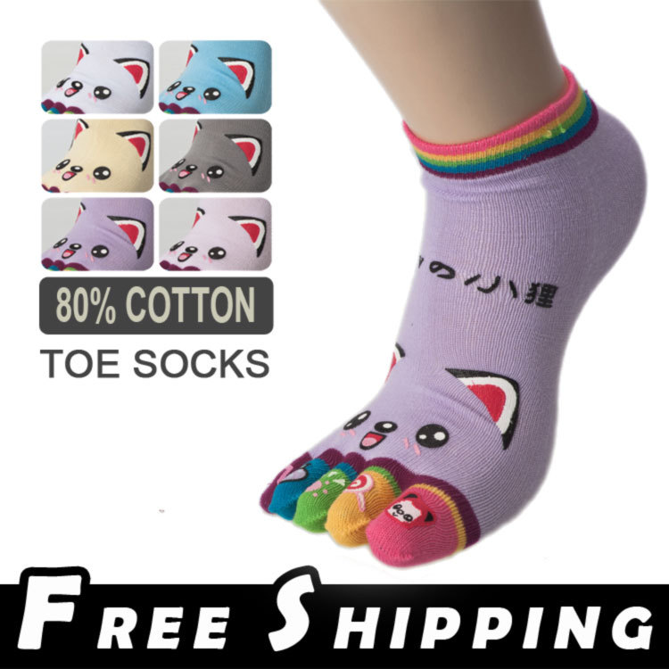 Multifuns Free Shipping 6 Pairs smile fox Color Random Cotton Women's flat Toe Socks whole sales