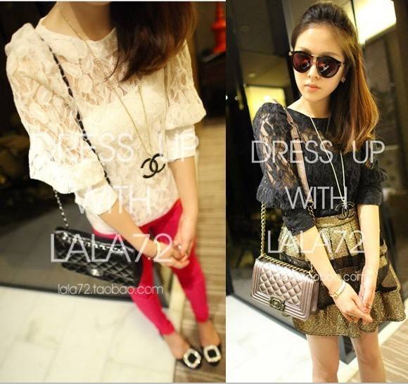 Mushroom 2013 spring women's gorgeous sexy translucent lantern sleeve crochet lace shirt