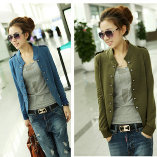 Mushroom autumn 2012 solid color stand collar all-match epaulette double breasted women's new arrival short jacket