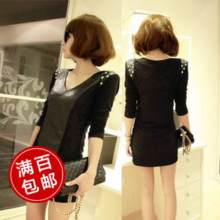 Mushroom autumn women's fashion punk lace patchwork leather rivet slim hip one-piece dress