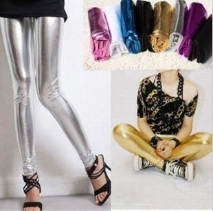 Mushroom candy light multicolour metal quality faux leather pants tight low-waist female ankle length legging plus size pants