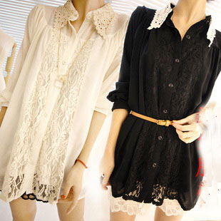 Mushroom women's lace decoration turn-down collar lantern sleeve chiffon shirt cute shirt female