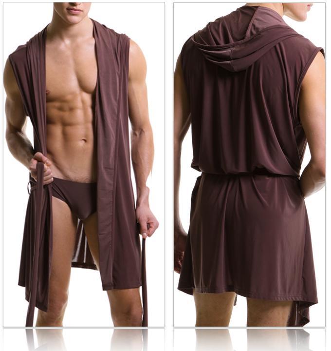 N2 n male bathrobe summer soft silk robe sleeveless with a hood sleepwear lounge sexy bathrobe thin