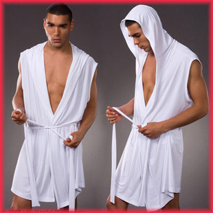 N2 n with a hood bathrobe white sleeveless loose lounge sleepwear male sexy robe 2012 summer