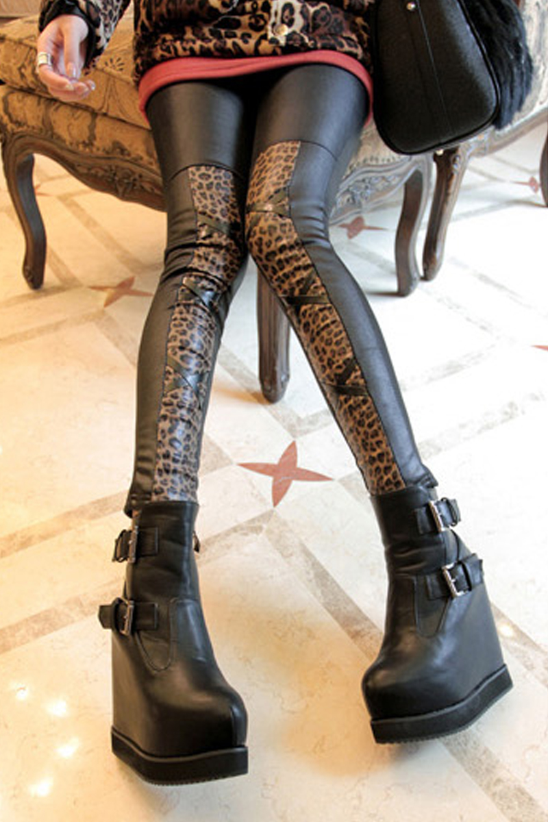 NALUA Peacock 2013 winter all-match faux leather check zipper add velvet legging JN0964