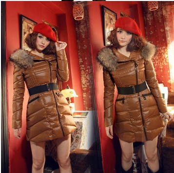 NALULA Thickening women's 2013 elegant slim medium-long fur collar down coat with belts female warm fashion jackets WJ060