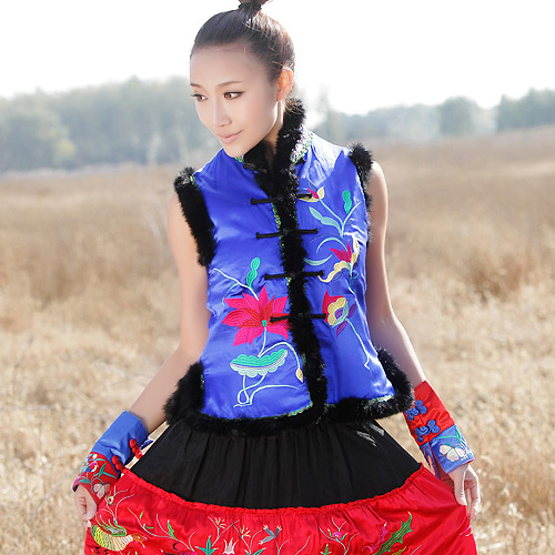 national trend autumn and winter wadded jacket silk embroidered rabbit fur cotton vest