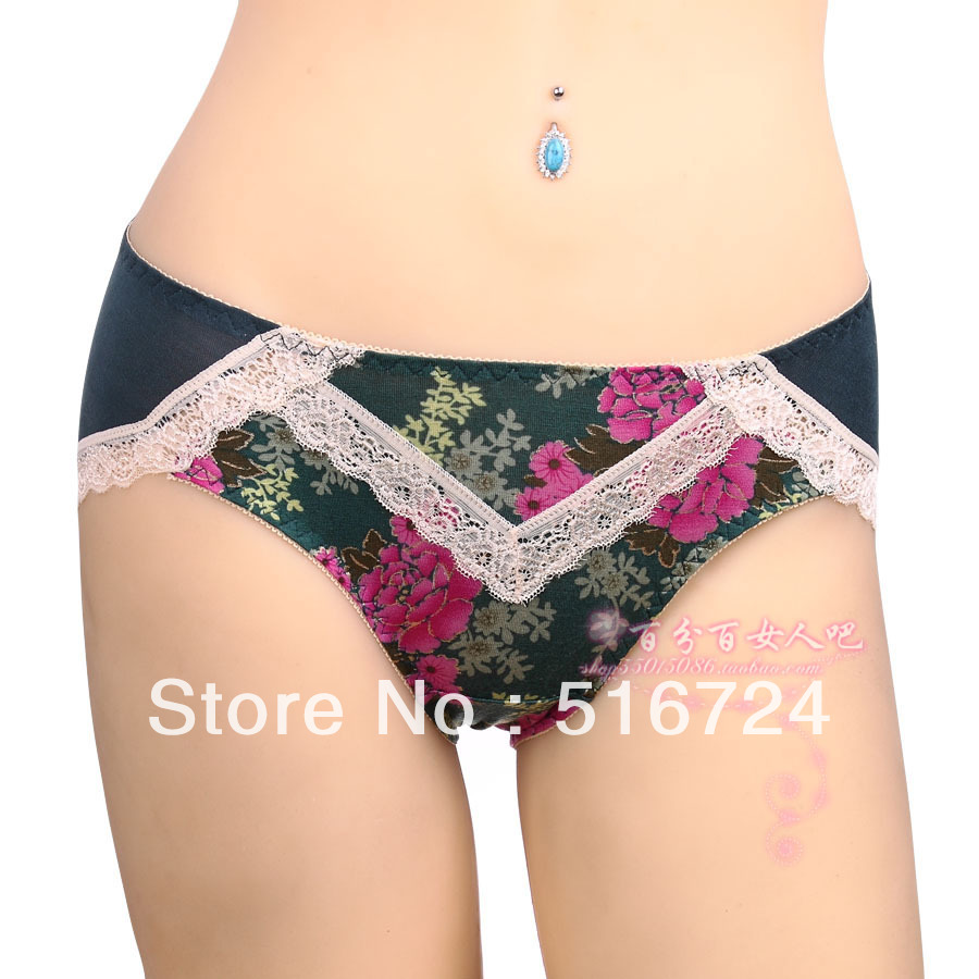 National trend ultrafine fiber sexy lace women's briefs vintage print female panties nk082