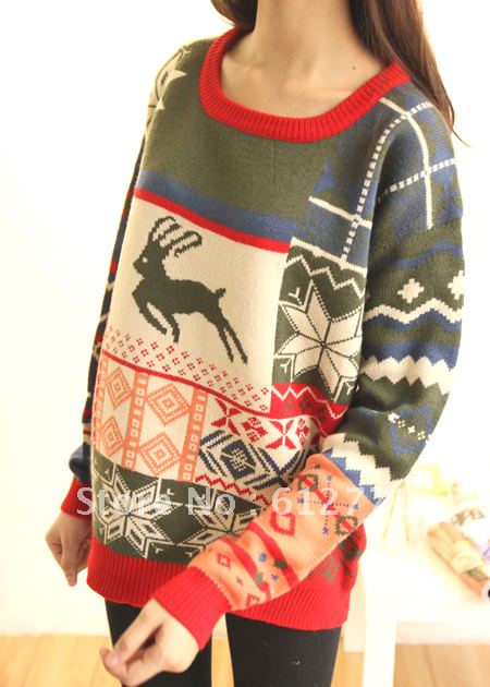 National trend vintage color block loose o-neck pullover sweater Christmas onta sweater women's autumn new arrival