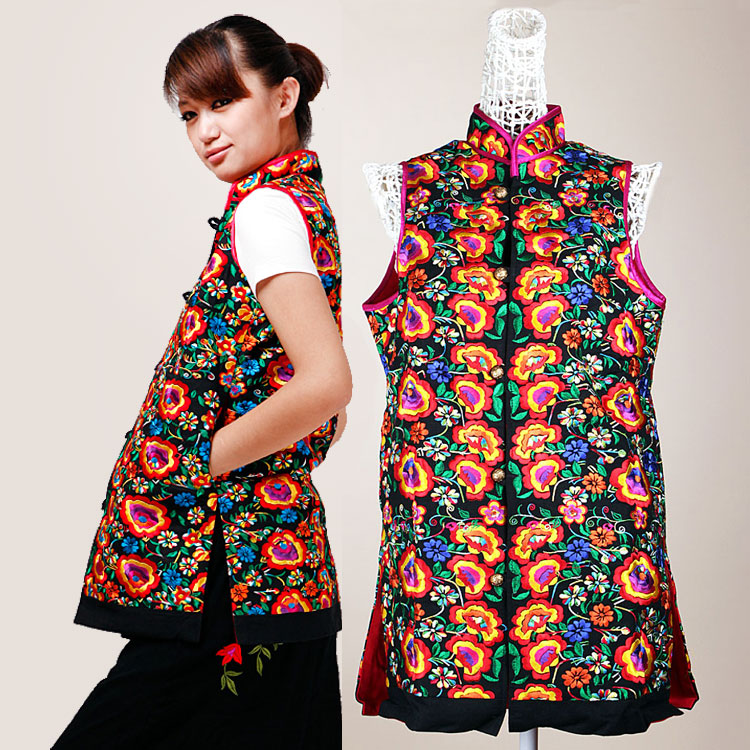 National trend women's linen stand collar embroidery embroidered long design vest