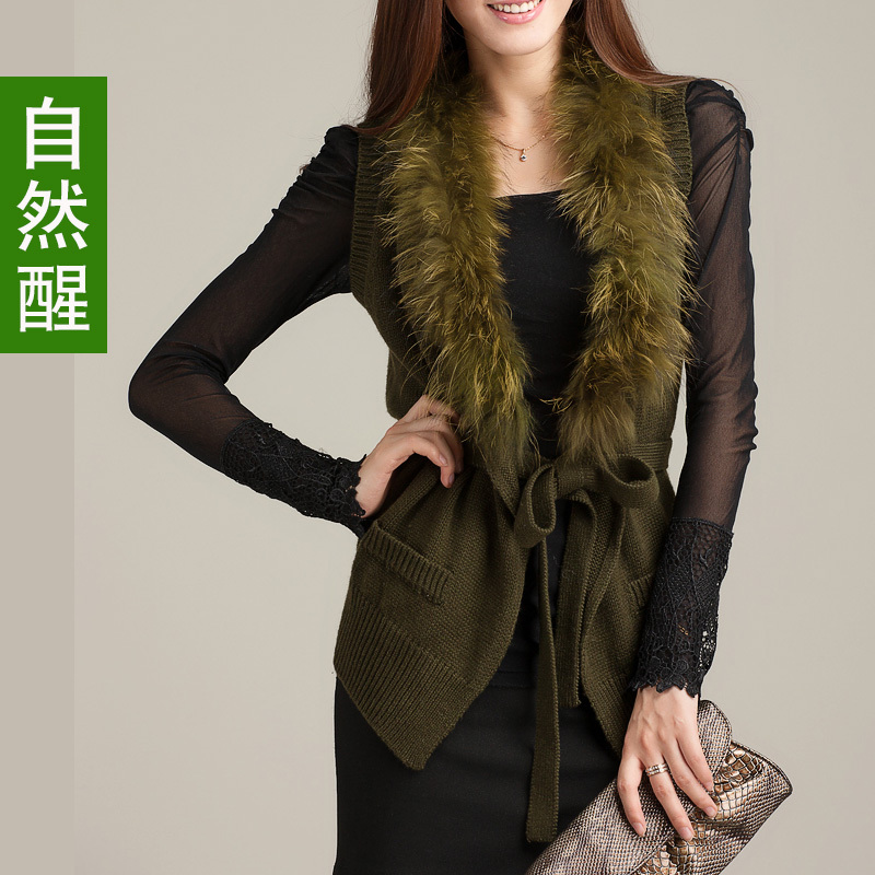 Natural wake up autumn knitted plus size Army Green vest raccoon fur lacing fur sweater outerwear vest