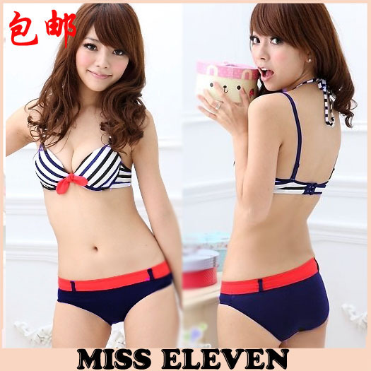 Navy stripe double shoulder strap insert stripe underwear bra set