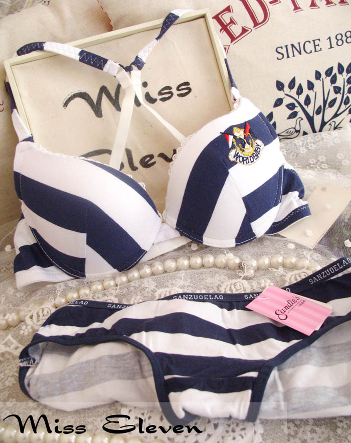 Navy style blue and white stripe insert 100% cotton underwear bra set