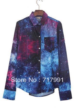 Navy Wing Collar Galaxy Print Curved Hem Blouse