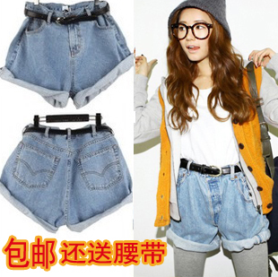 Nda single-shorts sty fashion vintage high waist denim shorts roll-up hem loose plus size female autumn and winter