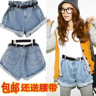 Nda single-shorts sty fashion vintage high waist denim shorts roll-up hem loose plus size female autumn and winter