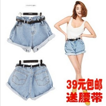 Nda single-shorts sty fashion vintage high waist denim shorts roll-up hem loose plus size female spring