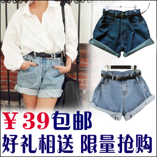 Nda single-shorts sty fashion vintage high waist denim shorts roll-up hem loose plus size female spring and summer