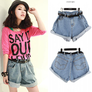 Nda single-shorts sty fashion vintage high waist denim shorts roll-up hem loose plus size female spring and summer