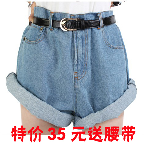 Nda single-shorts sty fashion vintage high waist denim shorts roll-up hem water wash loose plus size female