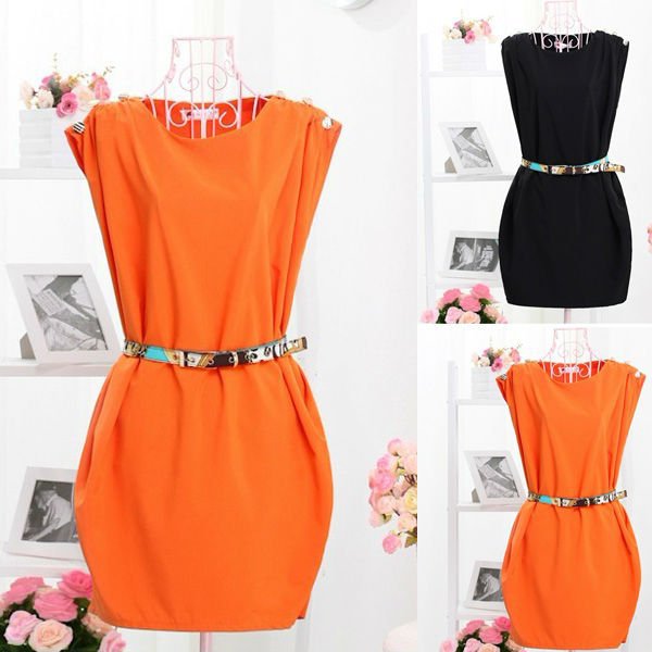 Neck Sleeveless Button-Shoulder Tunic Dress With Belt 2013 spring summer Free Shipping W1235