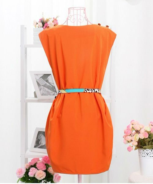 Neck Sleeveless Button-Shoulder Tunic Dress With Belt 2013 spring summer Free Shipping W1235