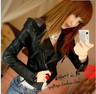 Net 2013 casual epaulette leather clothing slim women's motorcycle jacket outerwear