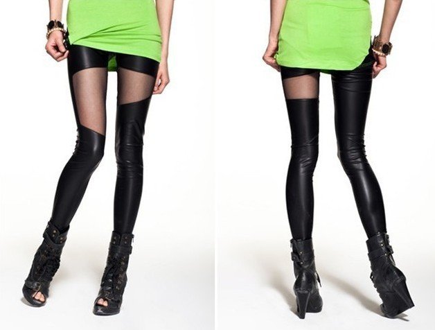 Net yarn leather irregular splicing personality sexy charm nine Tights Leggings free shiping