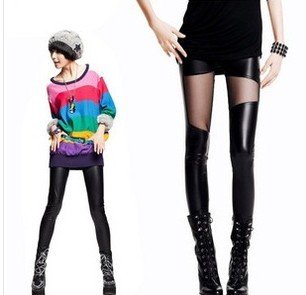 Net yarn leather irregular splicing personality sexy charm nine Tights Leggings free shipping