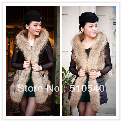 new 100% lamb leather bonded with racoon fur ladies long vest  for winter 2012 two-sided women's vest double face fashion vest