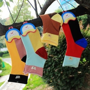 NEW 12Pairs cotton Lovely Korean contrasted color bear pattern candy color roll-up hem summer women socks wholesale