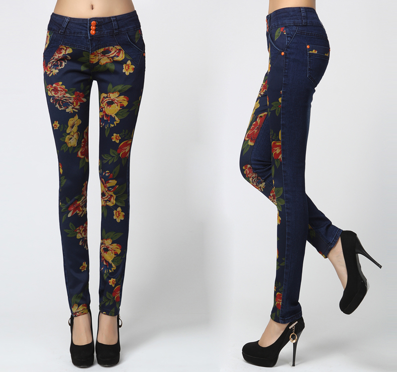 new 2012 autumn new arrival print elastic pencil pants mid waist trousers female flower trousers