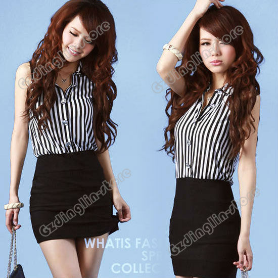 New 2012 Fashion Women's Clothing Temperament Sleeveless Sexy Lace Chiffon Stripe Casual Mini Dress Size S Free Shipping 0605