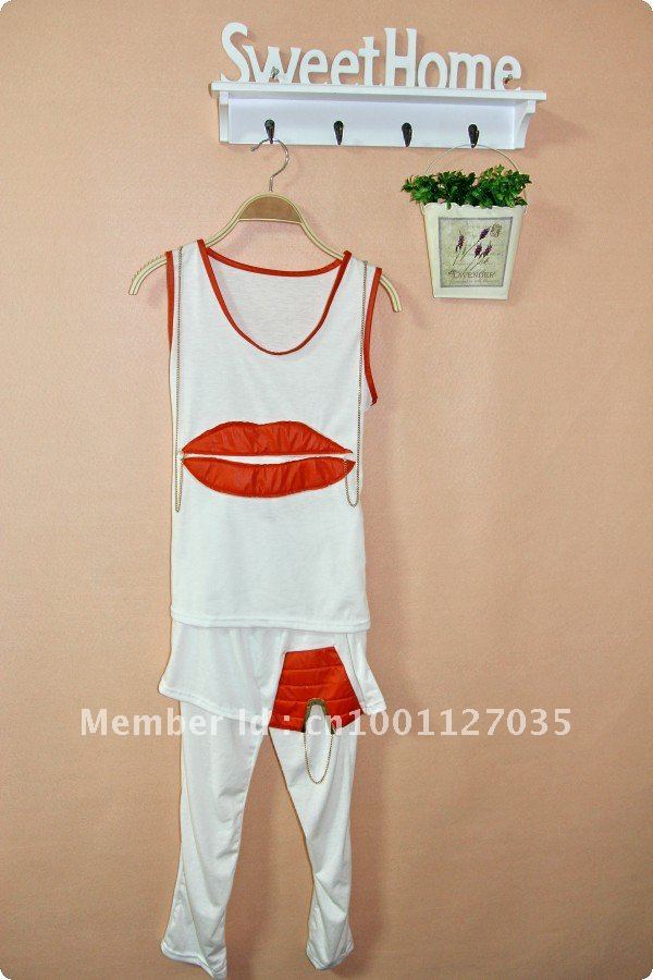 New! 2012 hot cotton sexy red mouth tank & pants set gold metal chain women ladies casual style FREE SHIPPING