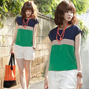 New!2012Summer Korean Woment Large size T-shirt Loose linen yarn short sleeve stitchingtShirt-