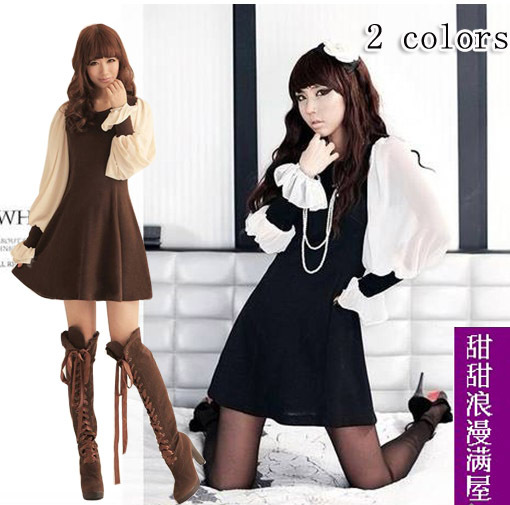 NEW 2013 autumn new Women Korean version of sweet princess knitted cotton + chiffon lantern long-sleeved dress