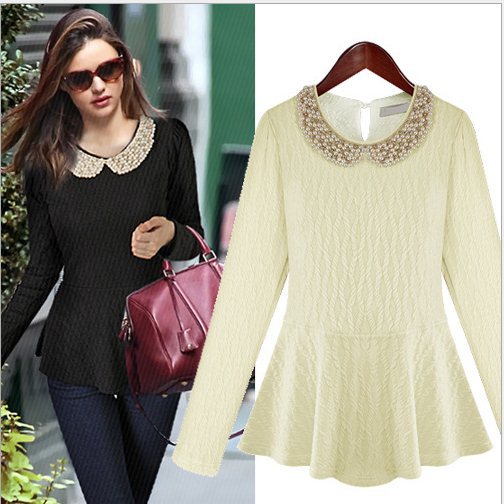 New 2013 fashion women's Pearl decorated collar long-sleeved waist bottoming shirt Color : Teeth white , black